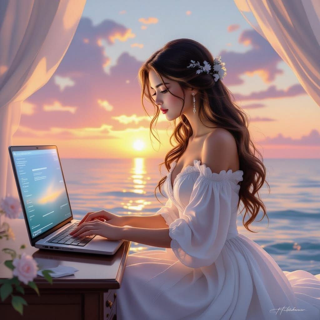Ethereal Girl at Computer by Misty Sunrise Sea