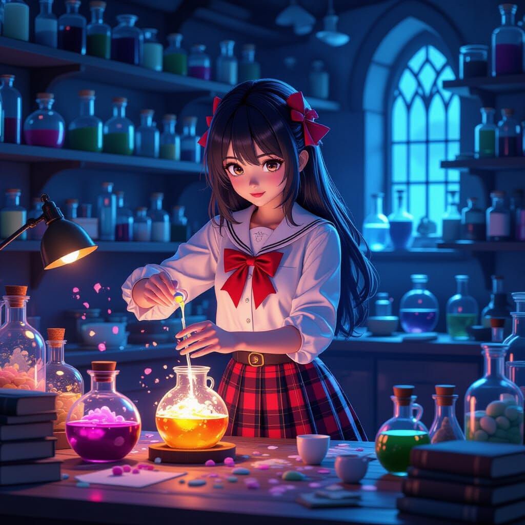 Asian Teen in Dimly Lit Potions Lab