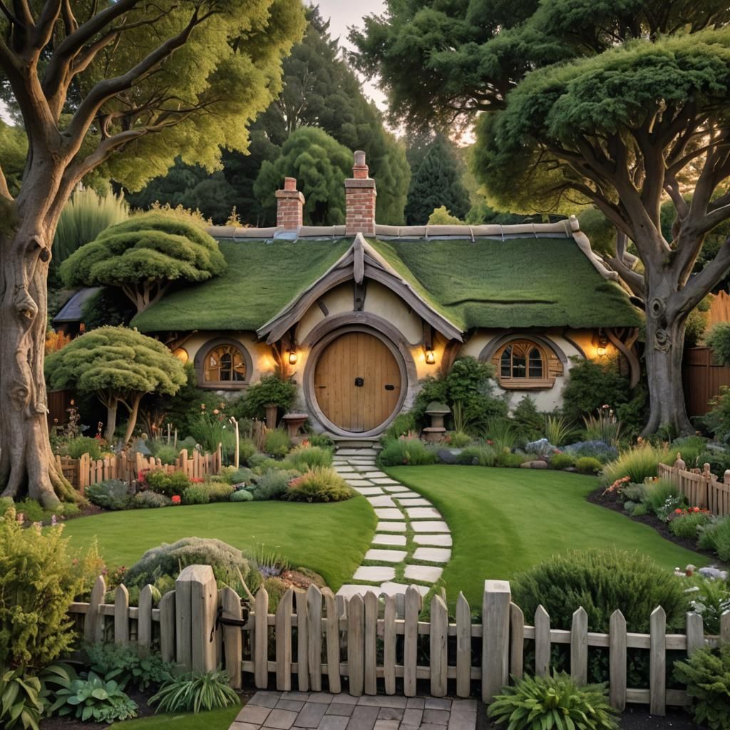 Hobbit House with Symmetrical Garden at Dusk