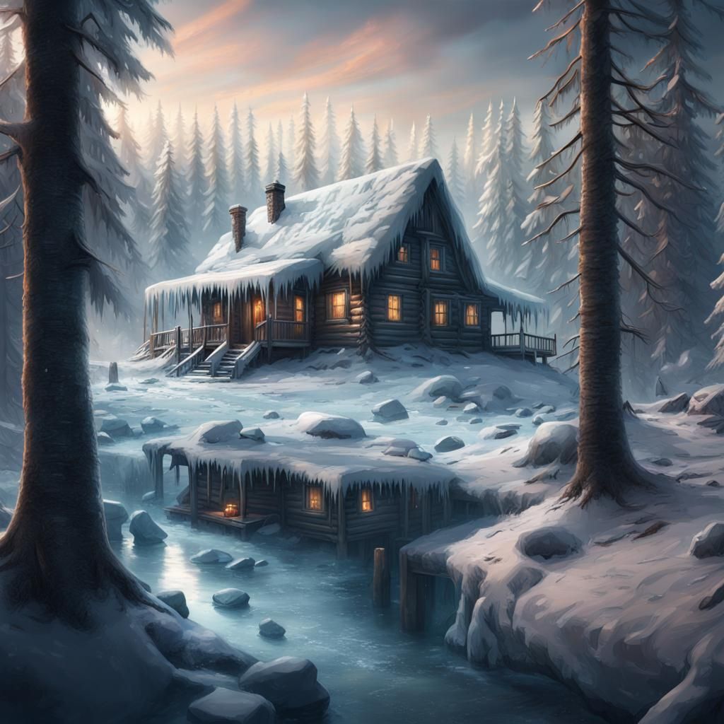 Icy Forest Cabin in Winter Landscape