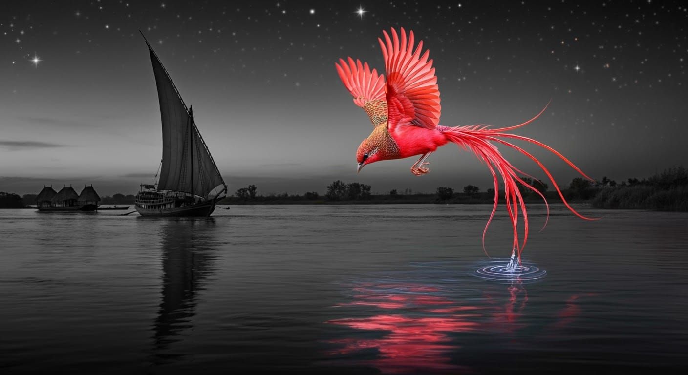 Mysterious Red Bird in Flight Over Black and White River