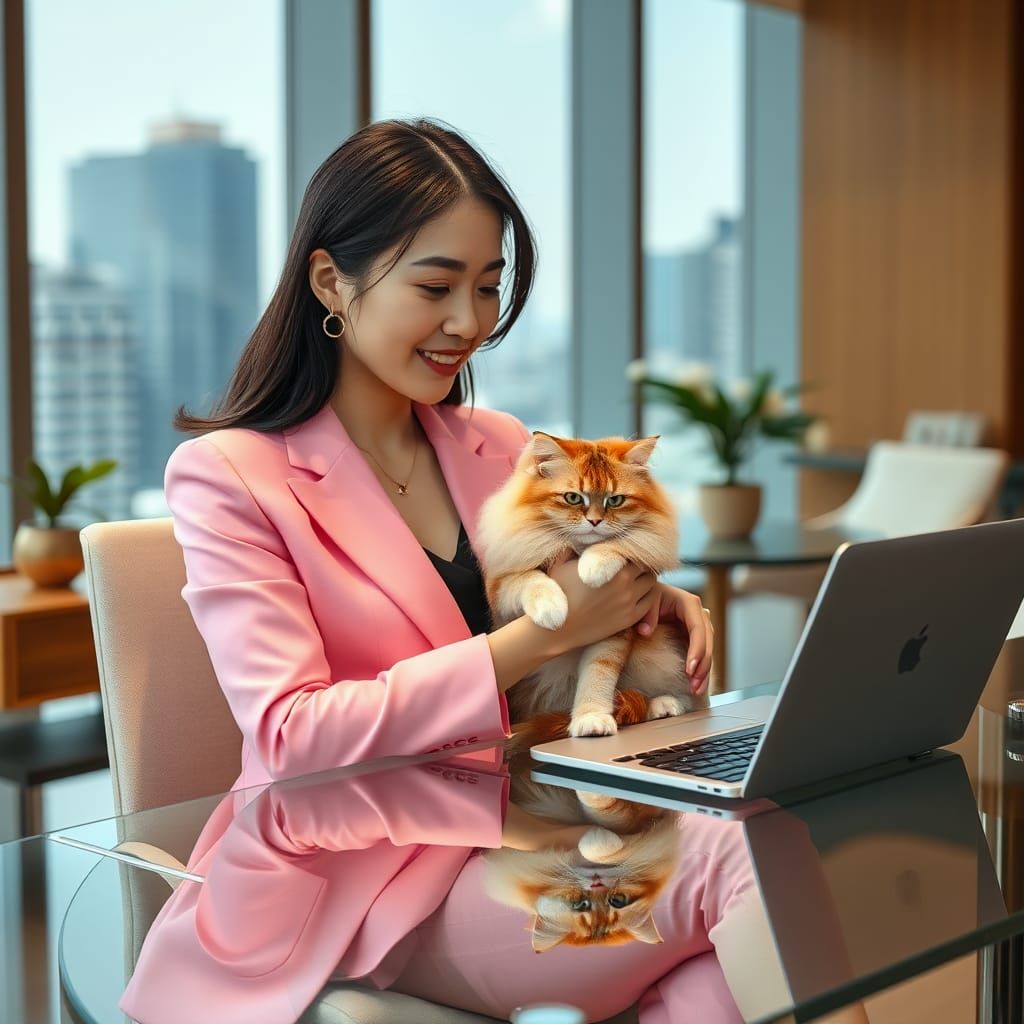 Successful Businesswoman with Cat in Modern Office