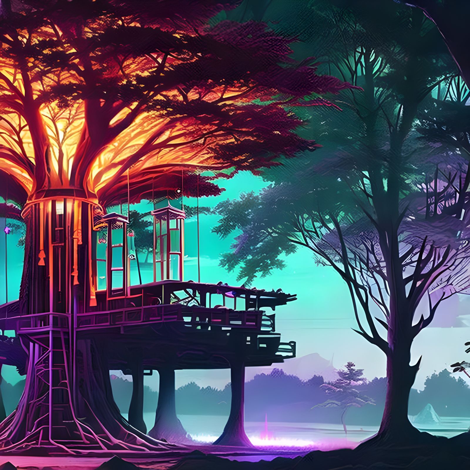 Bioluminescent Treehouse Hideaway: Intricate Fantasy Art