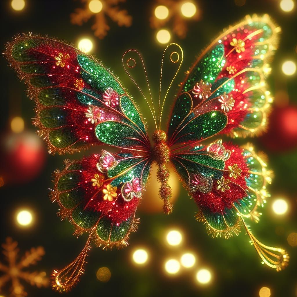 Surreal Christmas Butterfly Shimmers with Holiday Lights in...