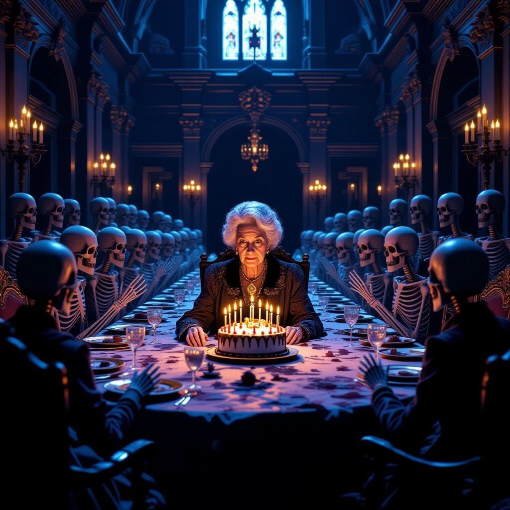 Elderly Woman's Solitary Birthday Amidst Spectral Celebratio...