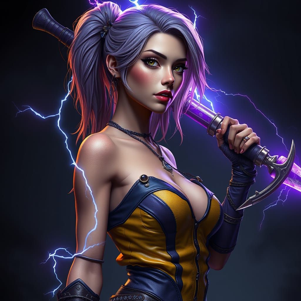 Dark Fantasy Woman With Skeleton Blade and Lightning