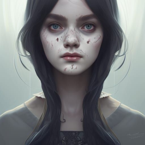 Wednesday Addams Portrait in Hyperdetailed Art Nouveau Style