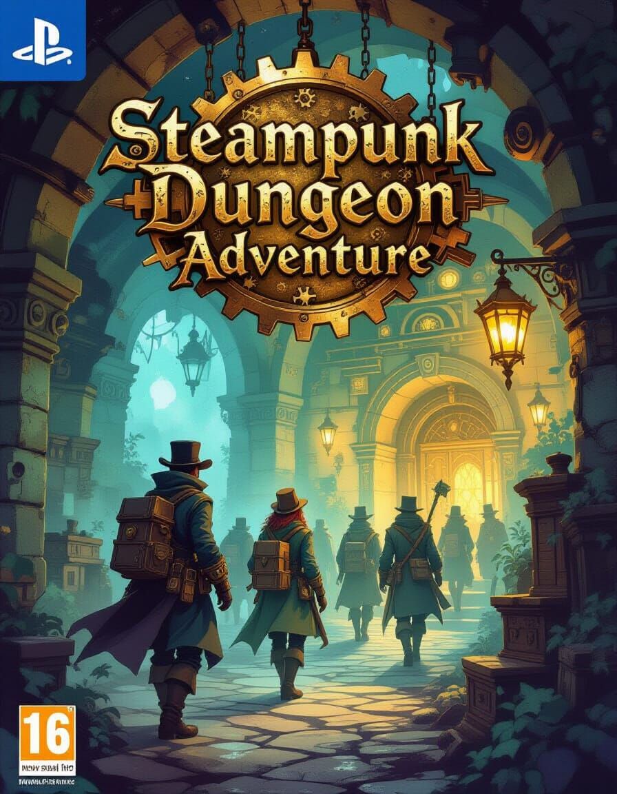 Steampunk Dungeon Adventure Game Cover in Dreamy Oil Paintin...