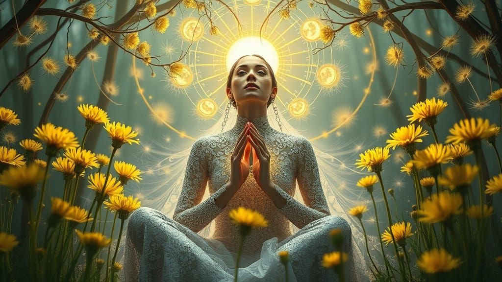 Dreamlike Transhumanist Woman in Cosmic Forest Landscape