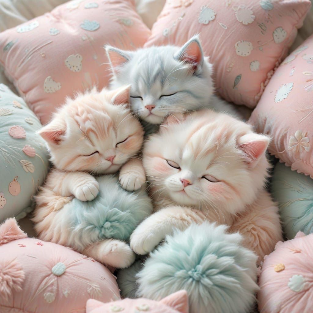 Surreal Whimsy of Slumbering Kittens in Pastel Paradise
