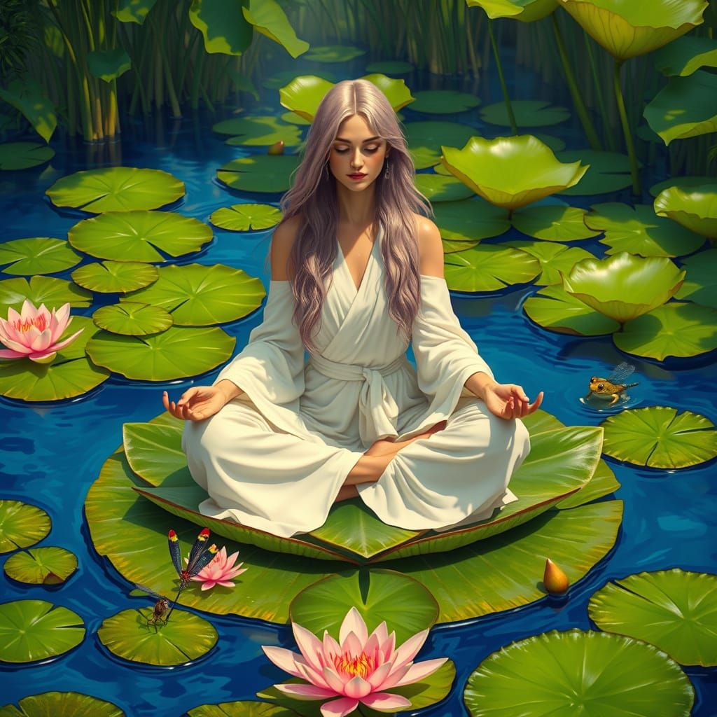 Meditating Woman on Lily Pad in Lush Pond