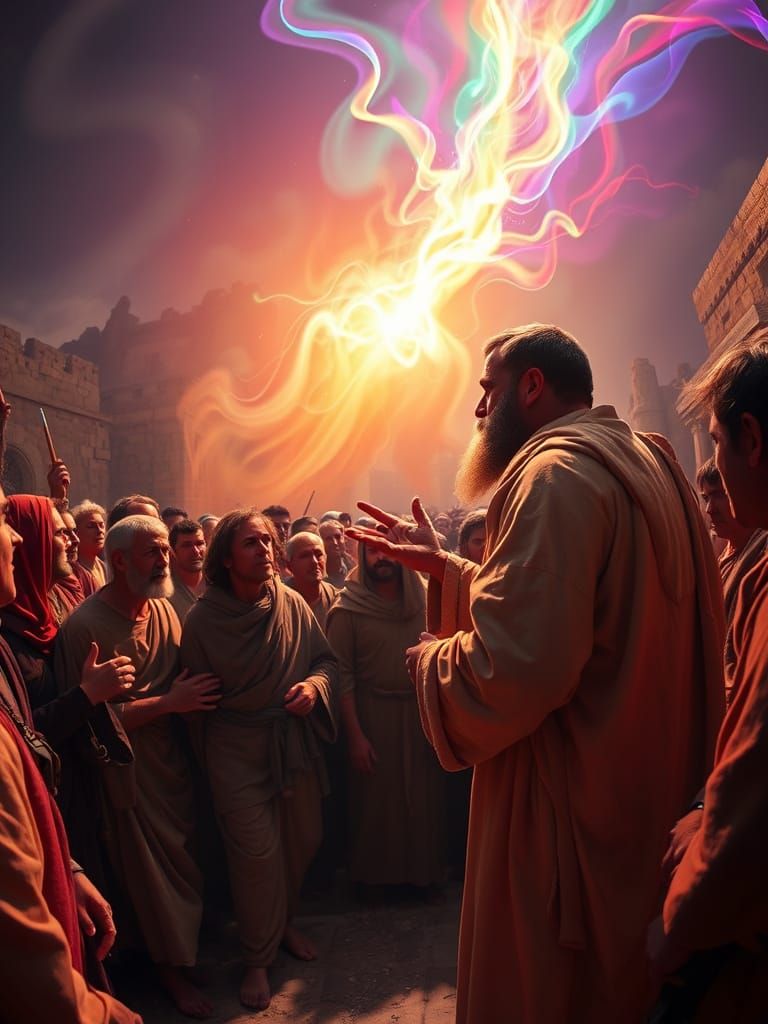 Apostle Peter Preaching with Bioluminescent Holy Spirit