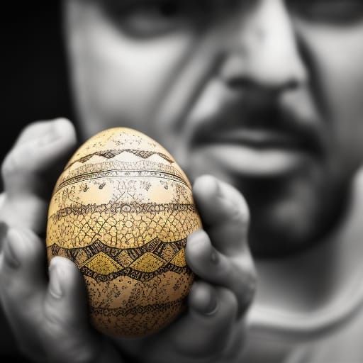 Man Holds Easter Egg in Hyperrealistic Style