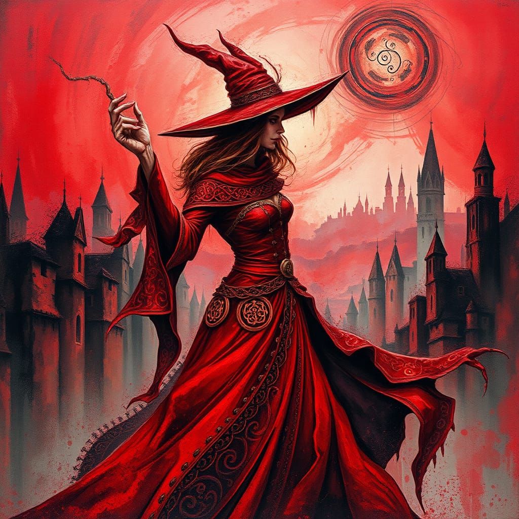 Red Witch in Surreal Impasto Cityscape