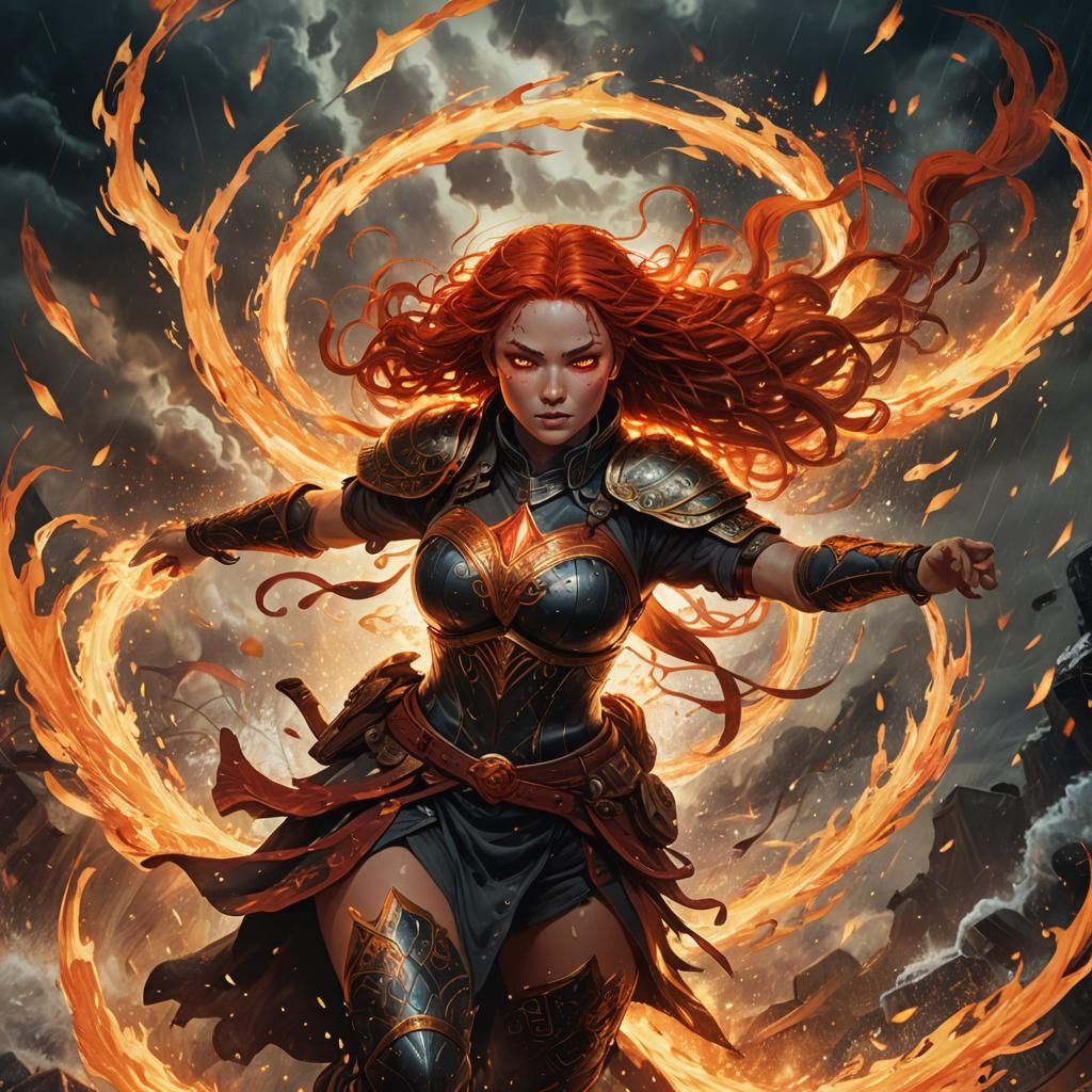 Fiery Warrior Girl in Fantasy Landscape