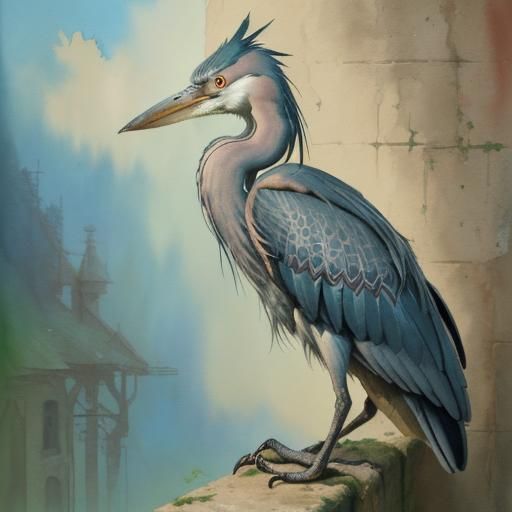 Heron Portrait in Gouache Style
