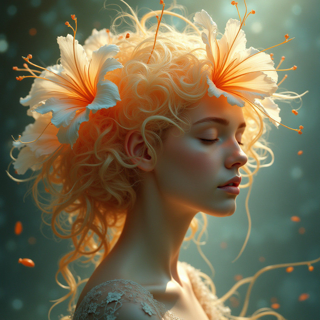 Ethereal Fantasy Flower Portrait in Art Nouveau Style