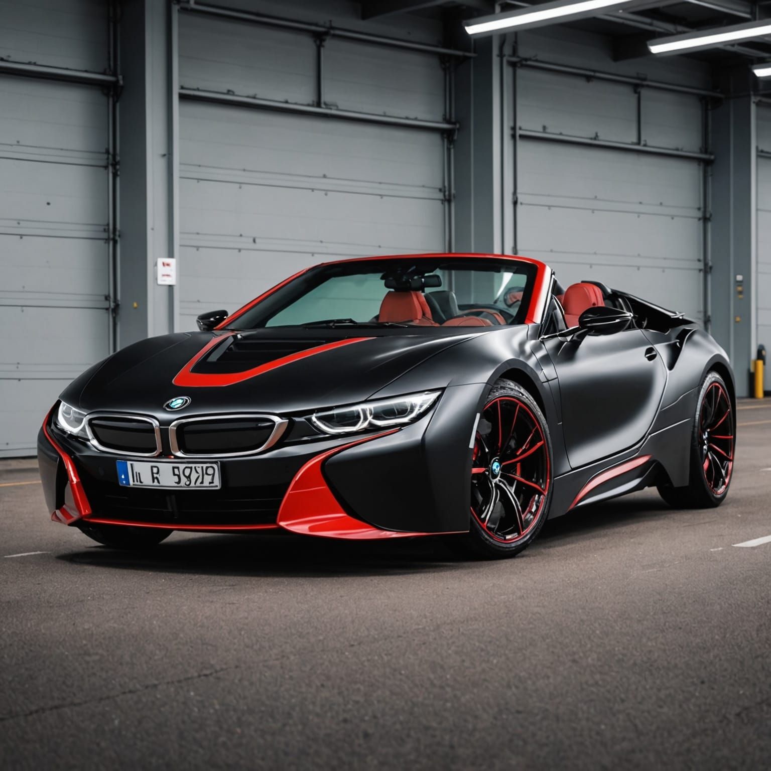 the front view of a stunning black and red bmw i8 roadster 