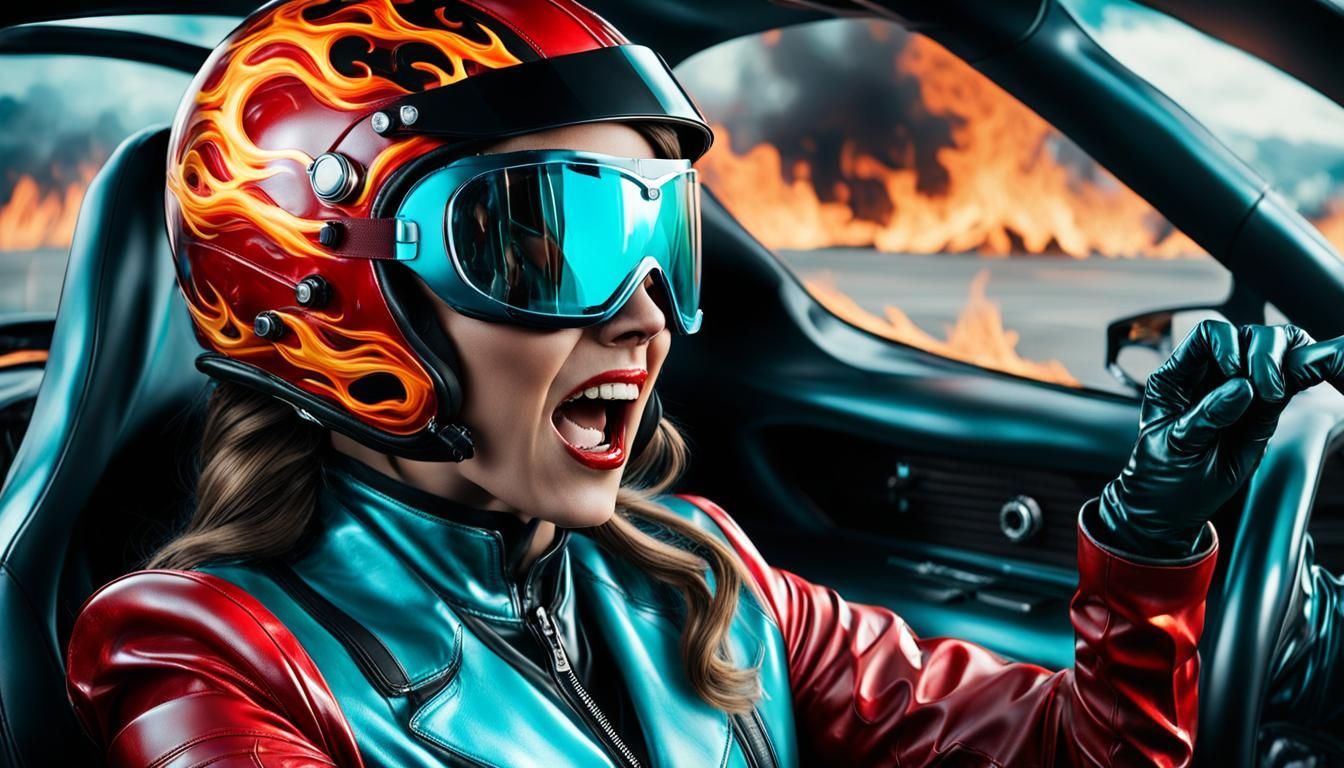 Woman in Burning Race Car Crying in Fear
