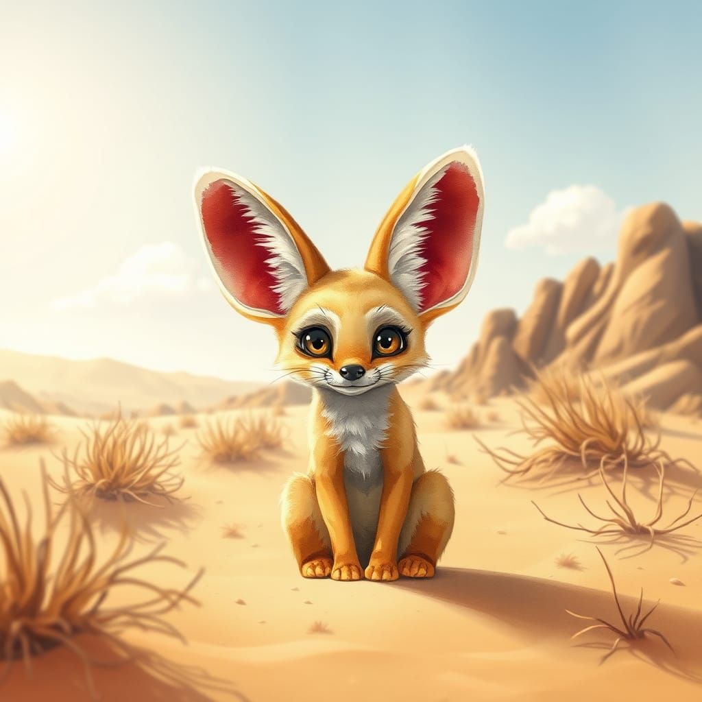 Fennec Fox in Desert Landscape, Watercolor Illustration