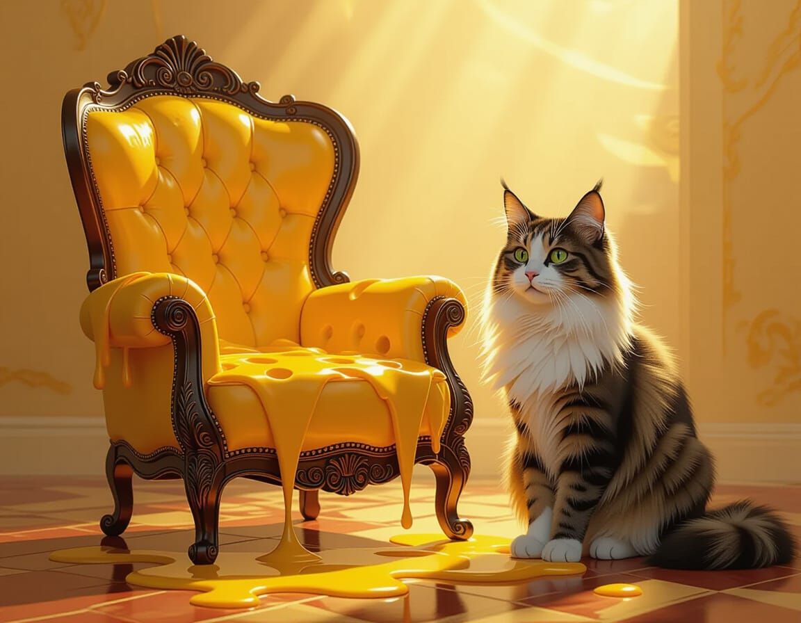 Ornate Cheese Chair with Refined Cat, Matte Painting