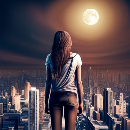 Lonely Girl with Wings in City at Night