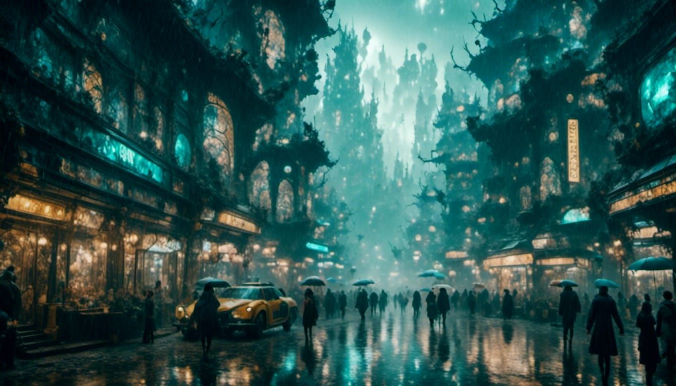 Futuristic Cyberpunk Cityscape in Rainy, Grungy Detail