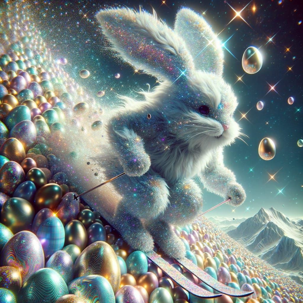 Mystical Easter Bunny Skiing Down Glittery Easter Egg Avalan...