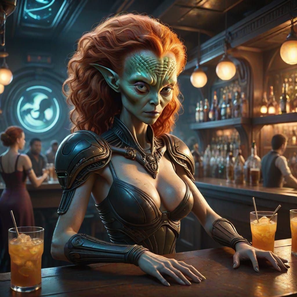 Ginger Haired Alien Bar Wench in Cinematic Digital Matte Pai...
