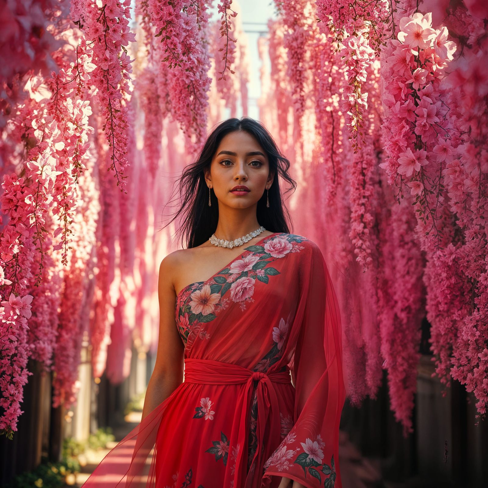 Woman Under Pink Flowers in Graffiti Splash Art