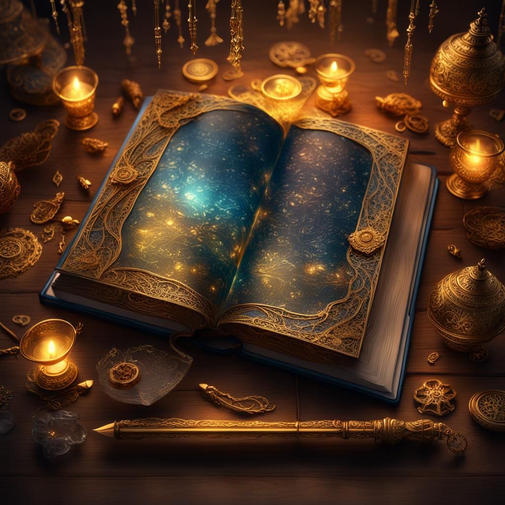 Glass Book Filled with Golden Script, Fantasy Art
