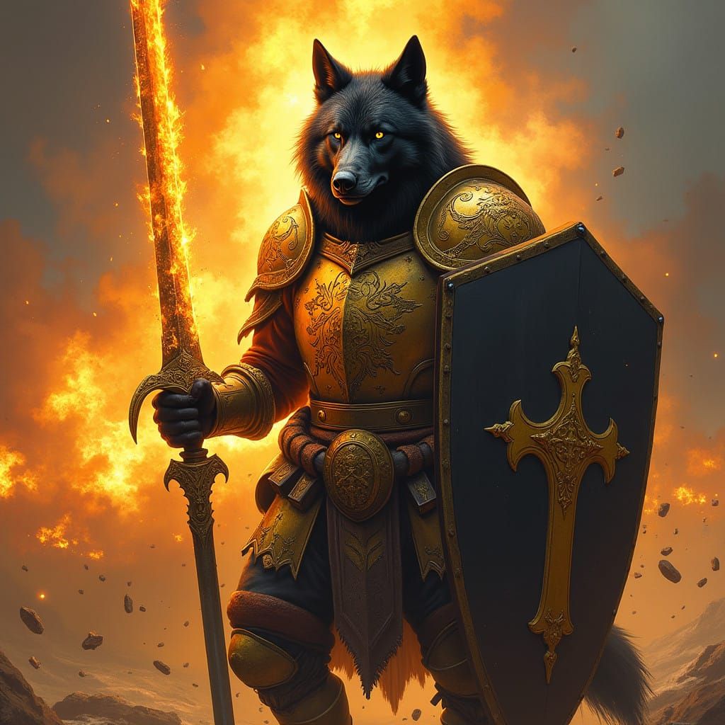 Heroic Black Wolf in Golden Armor with Flaming Sword and Rad...