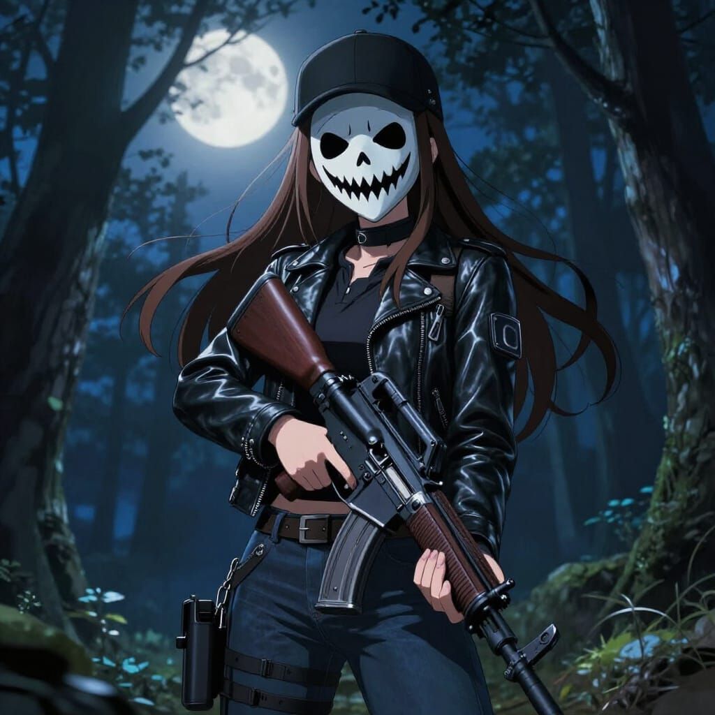 Anime Girl in Scary Mask with AR Rifle in Moonlit Forest