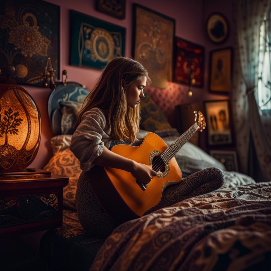 Teenage Girl Serenades in Bedroom with Guitar