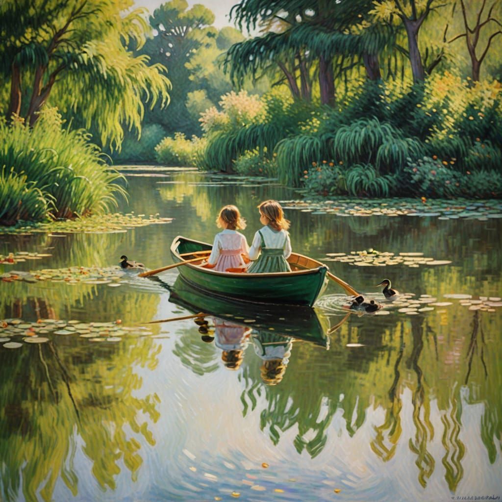 Impressionistic Painting of Girls in Boat on Pond