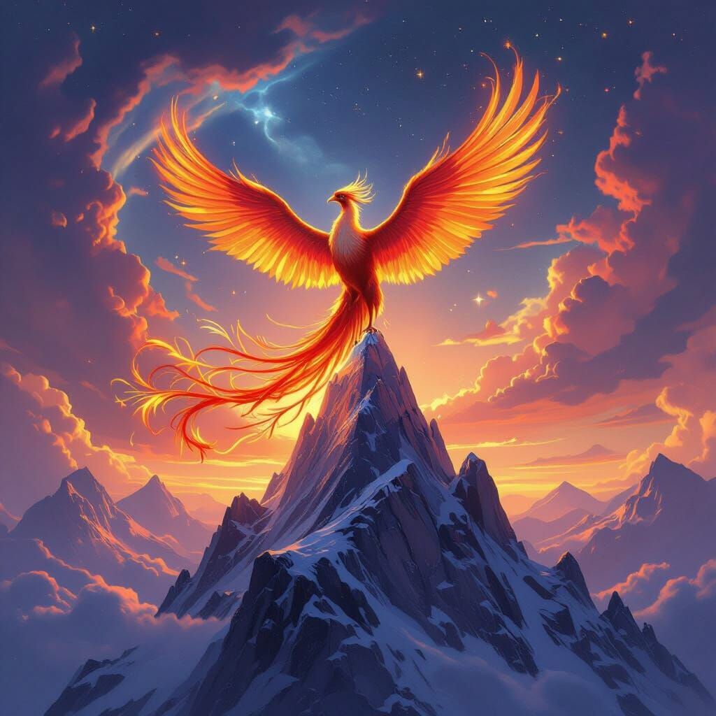Majestic Phoenix on Crystalline Peak Under Nebula Sky