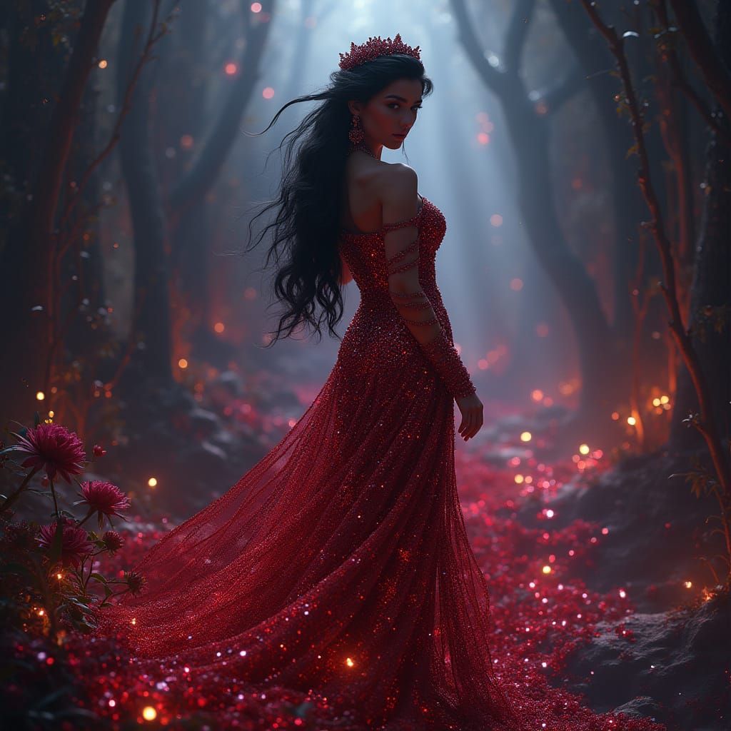 Regal Ruby Goddess in Dark Fantasy Realm