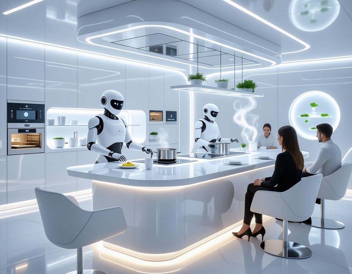 Futuristic Robot Chef in Sleek Minimalist Restaurant