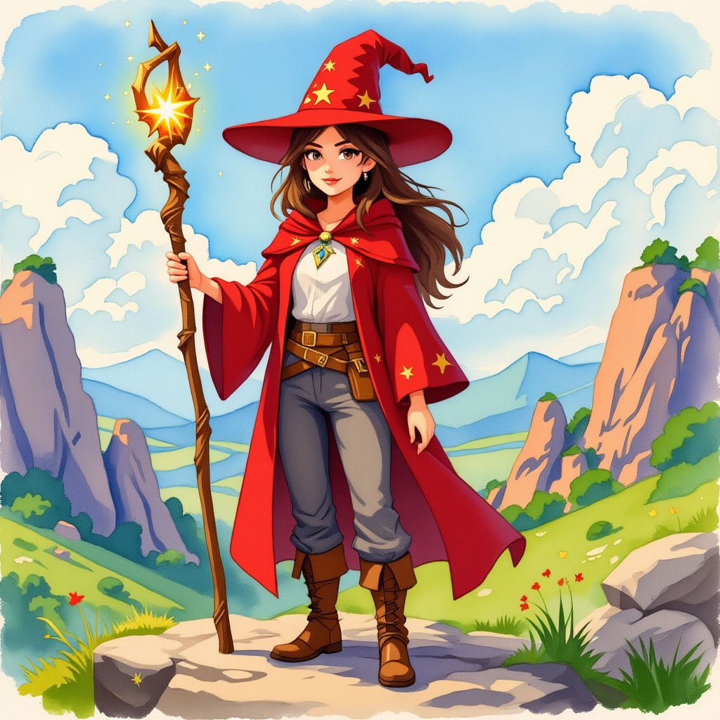 Anime Style Red Wizard Woman with Staff