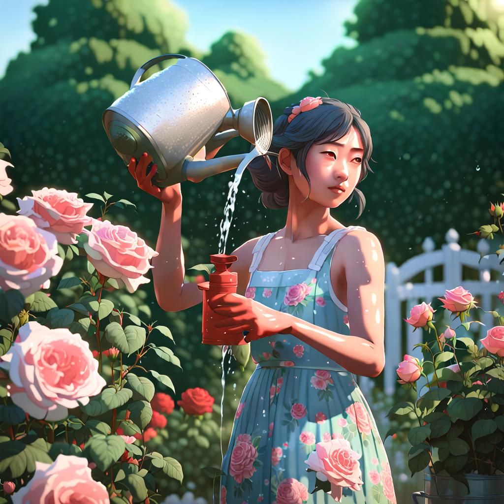 Asian Woman Waters Roses: Concept Art Portrait