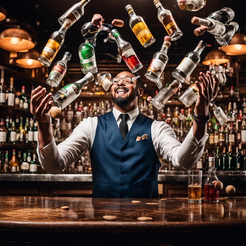 Bartender Mid-Juggle Captured in Dynamic Motion