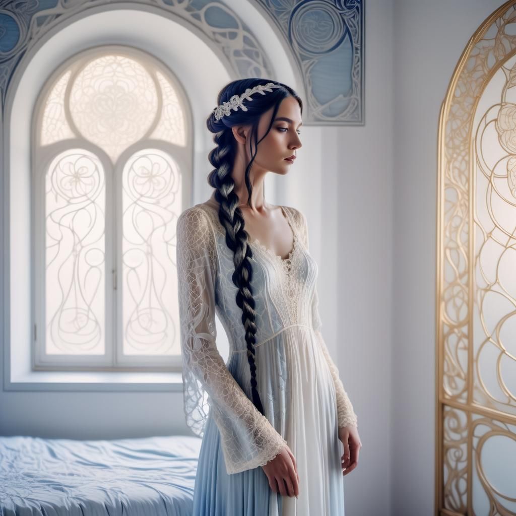 Art Nouveau Girl in Bedroom with Volumetric Lighting