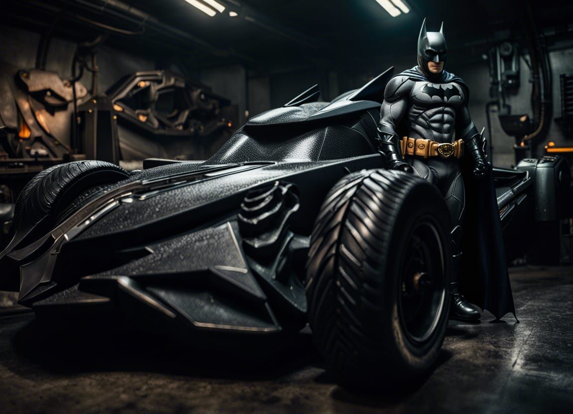 Batman and Batmobile in Hyperrealistic Batcave