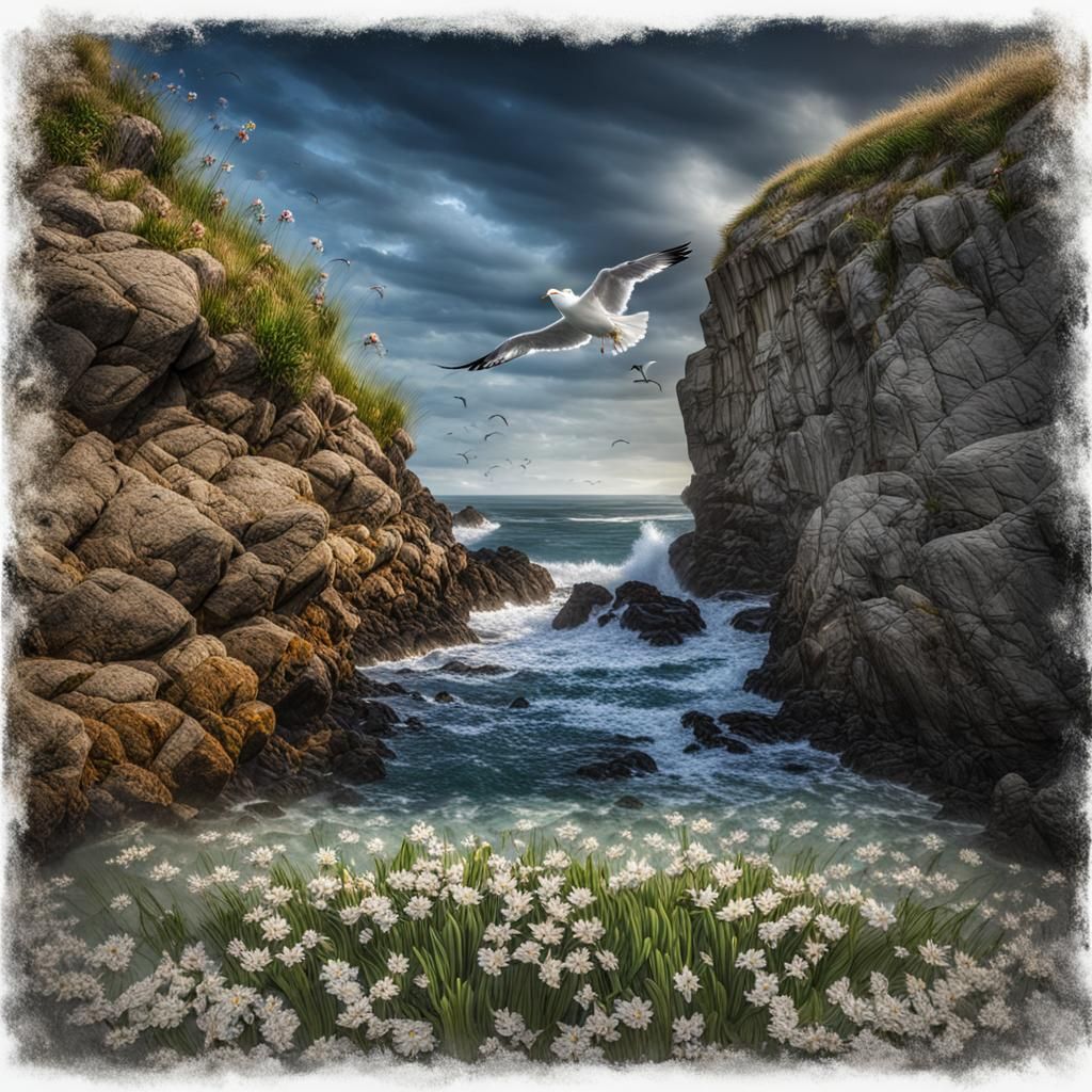 Seagull Cove: Hyperrealistic Coastal Scene