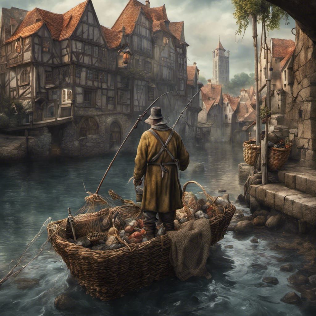 Medieval Fisherman: Hyperrealistic Masterpiece in 8K