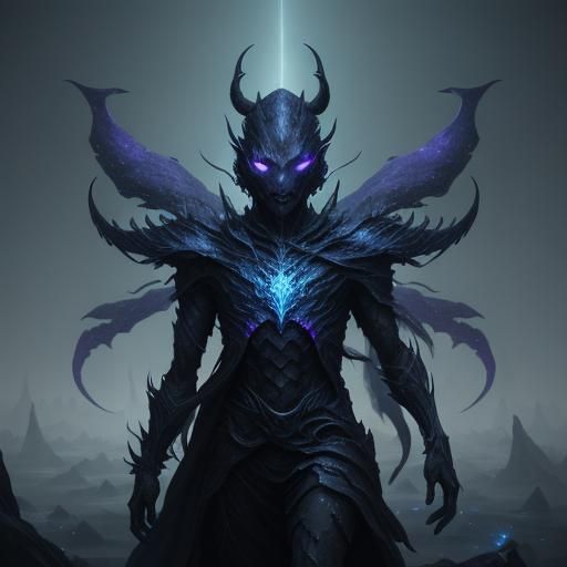 Starlight Demon Floats in Dark Fantasy Landscape