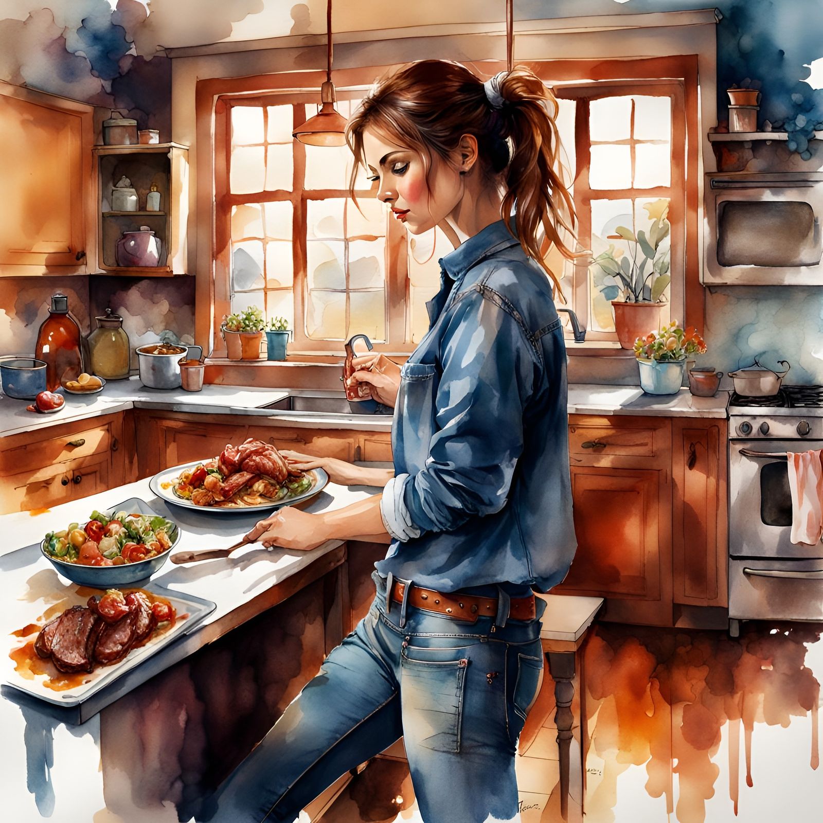 Woman Cooking Dinner: Ink and Watercolor Illustration