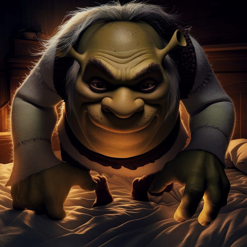 Shrek Emerges as a Menacing Boogeyman in a Cozy Bedroom