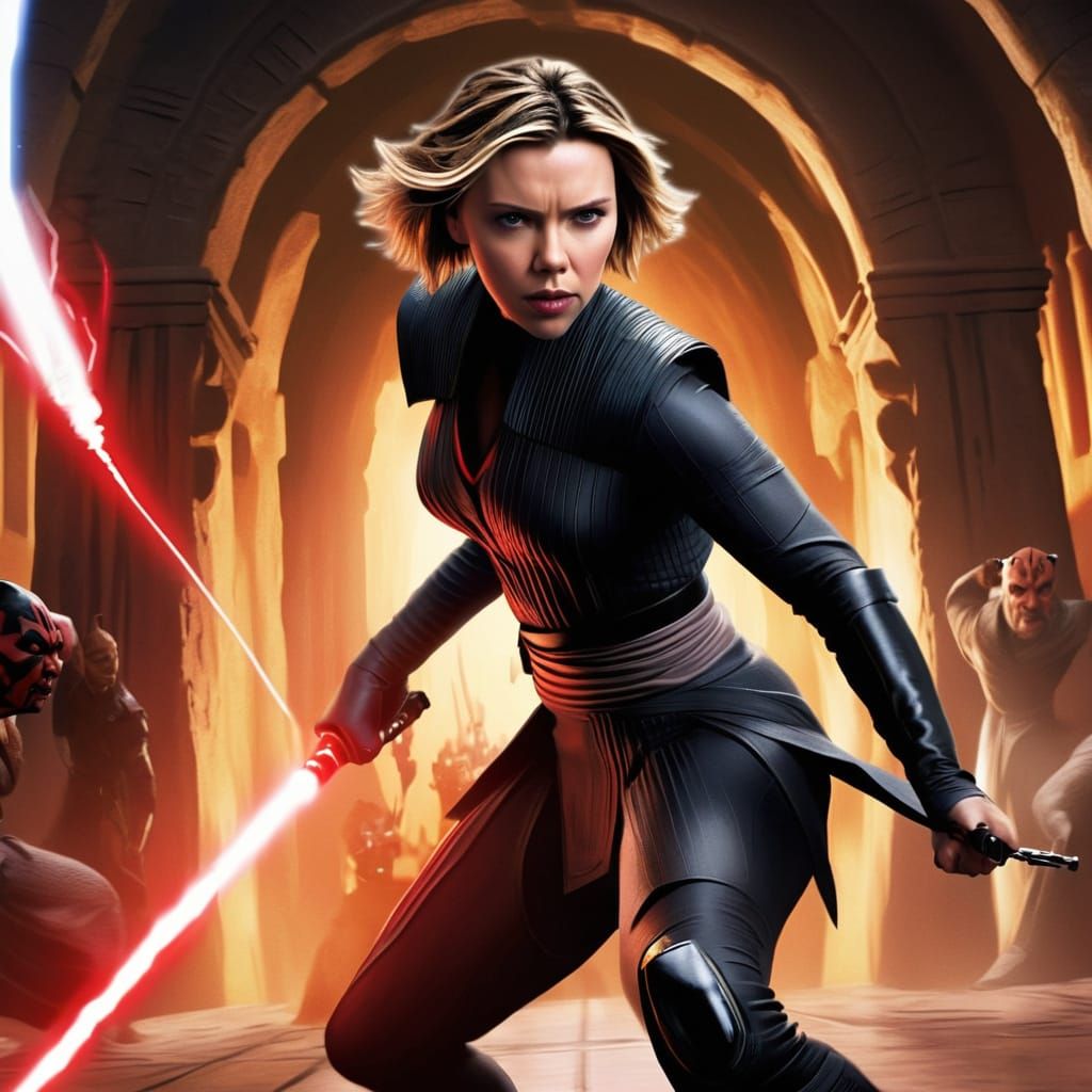 Scarlett johansson jedi Knight in the jedi temple battling against darth maul