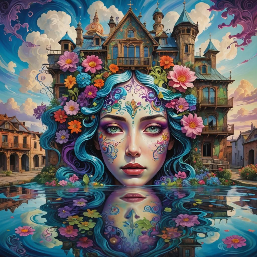 Surreal Woman's Face Melds in Dreamlike Graffiti Art